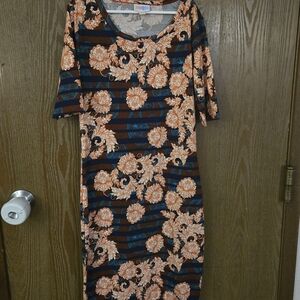 LuLaRoe Floral Stripe Midi Dress in Orange, Navy and Brown